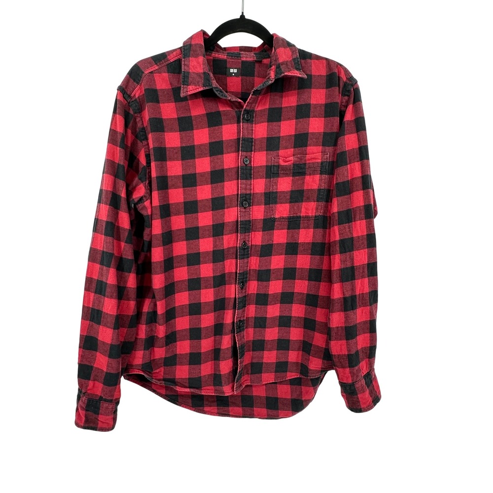 Uniqlo Mens Medium Red‎ and Black Buffalo Plaid Flannel Button Down Shirt